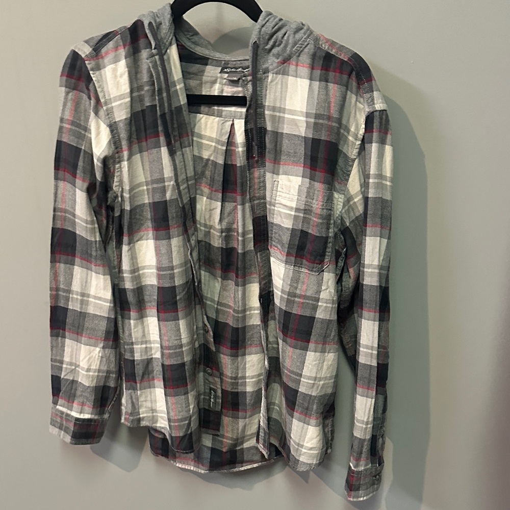 Eddie Bauer Gray and Red Checkered Hooded Jacket